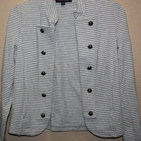 Tommy Hilfiger Women's Gray & White Striped Double-Breasted Blazer Jacket Size M - Picture 10 of 11